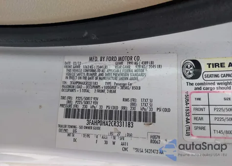 2012 Ford Fusion Se from USA, damaged, VIN 3FAHP0HA2CR331183